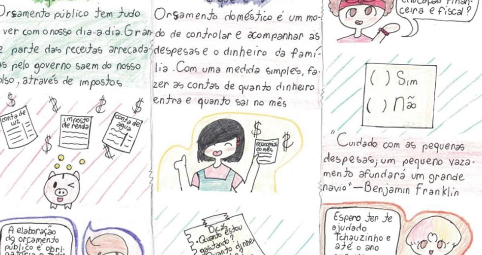 Folder elaborado por alunos do 7º ano da rede municipal para concurso com tema: a importância da educação financeira e fiscal para o projeto de vida