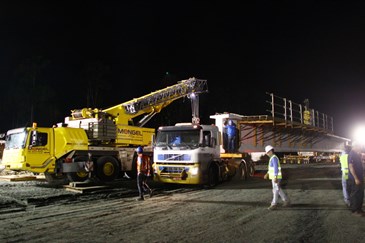 Início da operação de lançamento das vigas do viaduto da via Cambuí sobre a via Dutra. Foto: Claudio Vieira/PMSJC. 18-02-2019